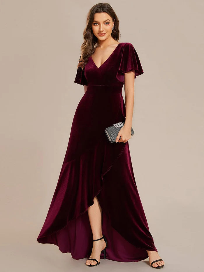 Elegant Double V-Neck Short Sleeves Velvet Evening Dress