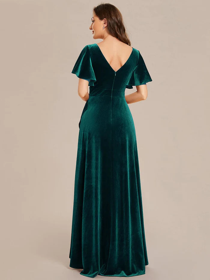 Elegant Double V-Neck Short Sleeves Velvet Evening Dress