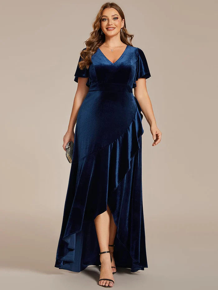 Plus Size High-Low A-Line Velvet Evening Dress