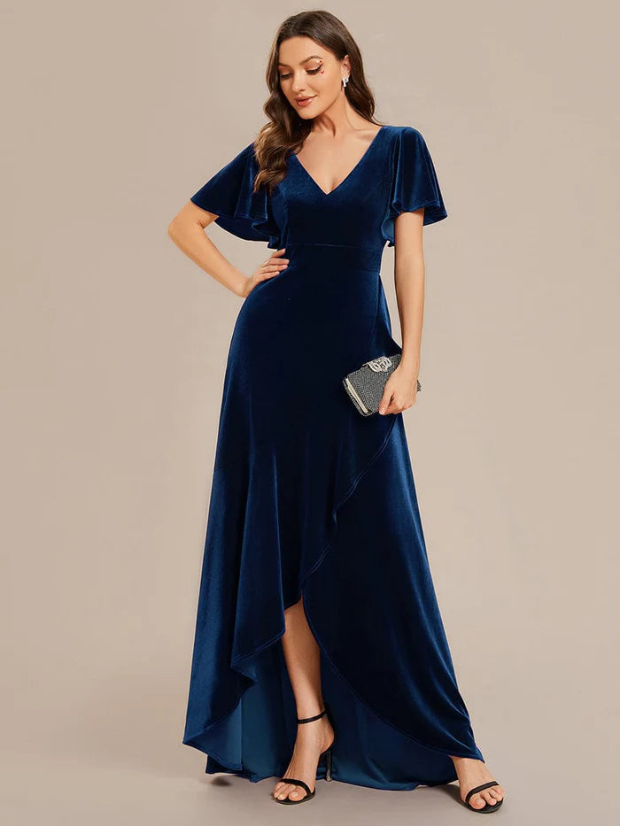 Elegant Double V-Neck Short Sleeves Velvet Evening Dress