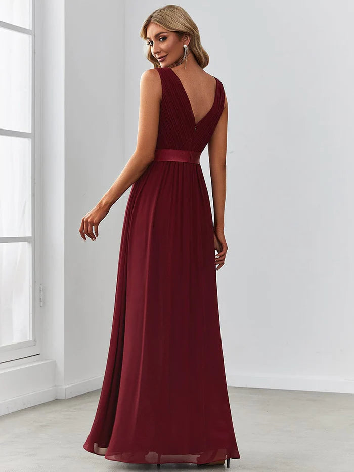 Chiffon Pleated Sleeveless Sequin Belt Evening Dress