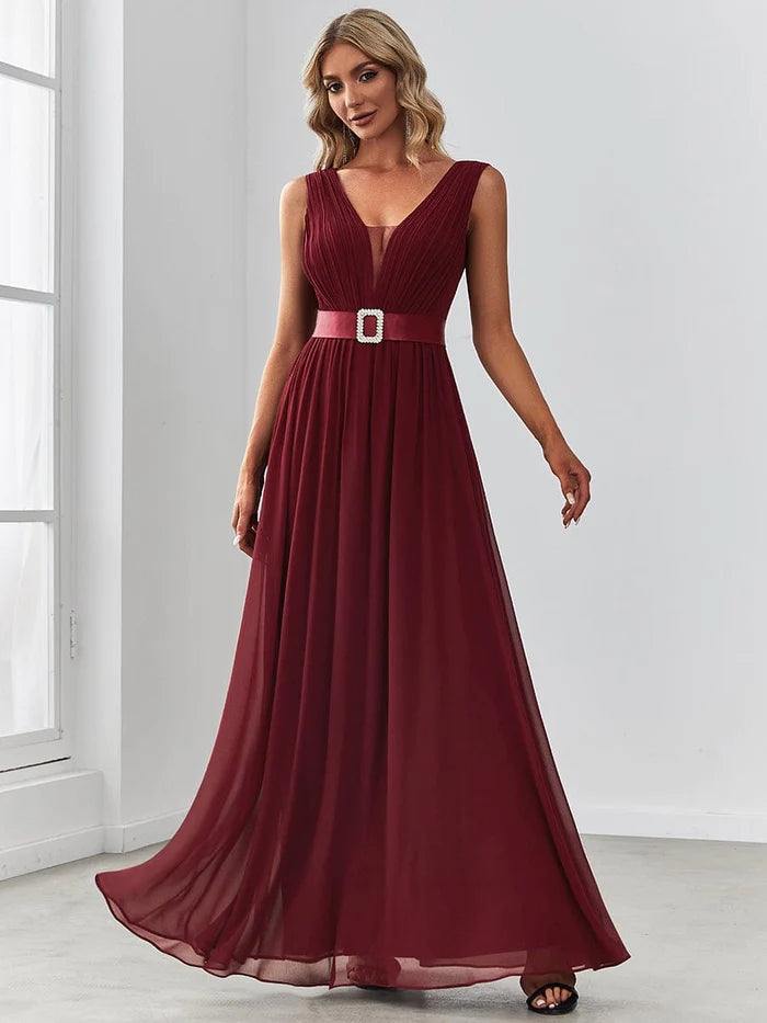 Chiffon Pleated Sleeveless Sequin Belt Evening Dress