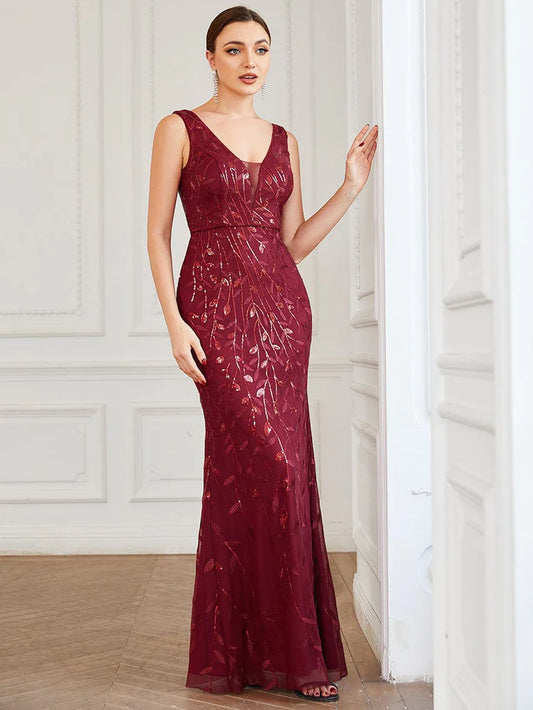 Sleeveless V-Neck Sequin Illusion Panel Fishtail Evening Dress