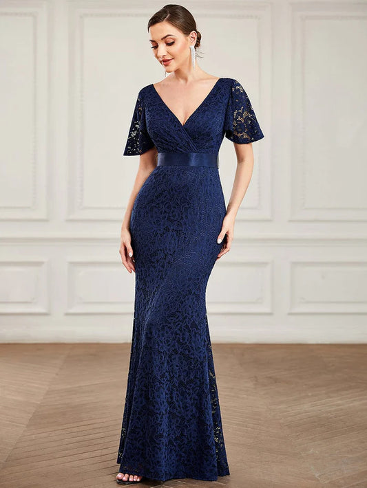 All-Over Lace V-Neck Ribbon Waist Bodycon Fishtail Evening Dress