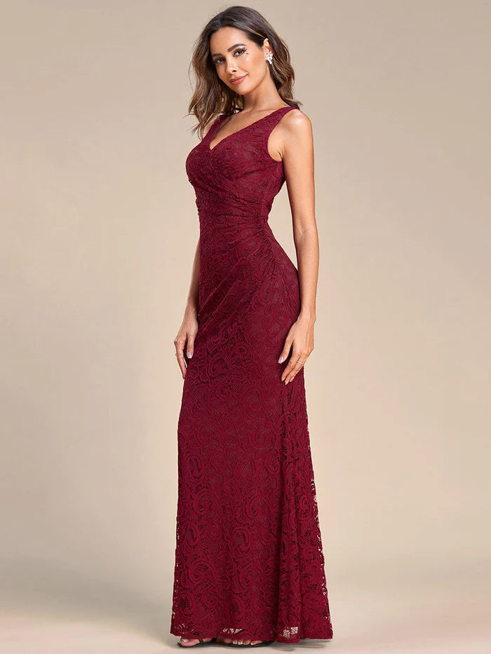 Pleated Lace Bodycon Sleeveless Floor-Length Evening Dress