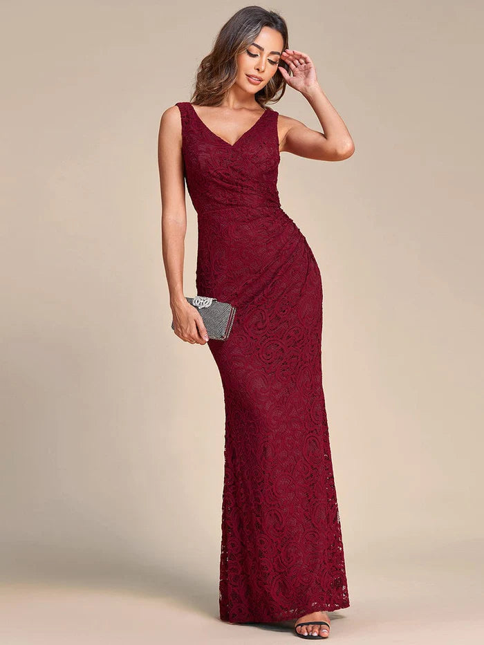 Pleated Lace Bodycon Sleeveless Floor-Length Evening Dress