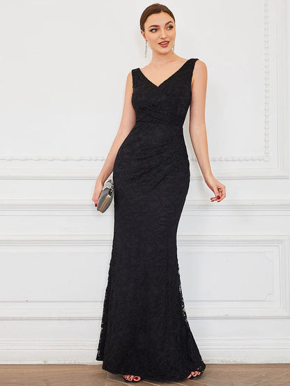 Pleated Lace Bodycon Sleeveless Floor-Length Evening Dress