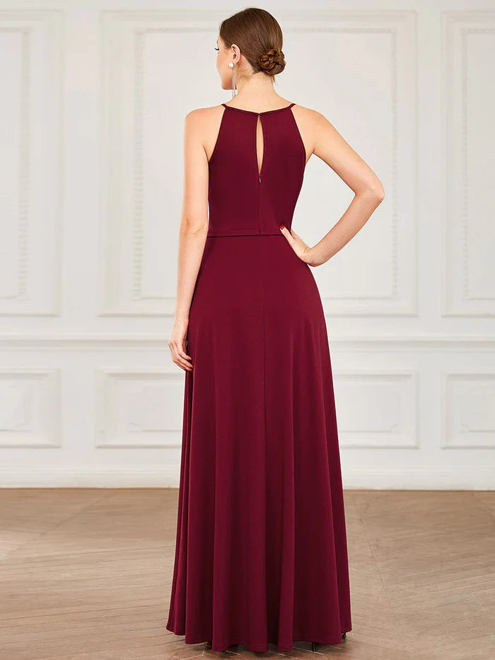 High Slit Keyhole Halter Sleeveless Evening Dress