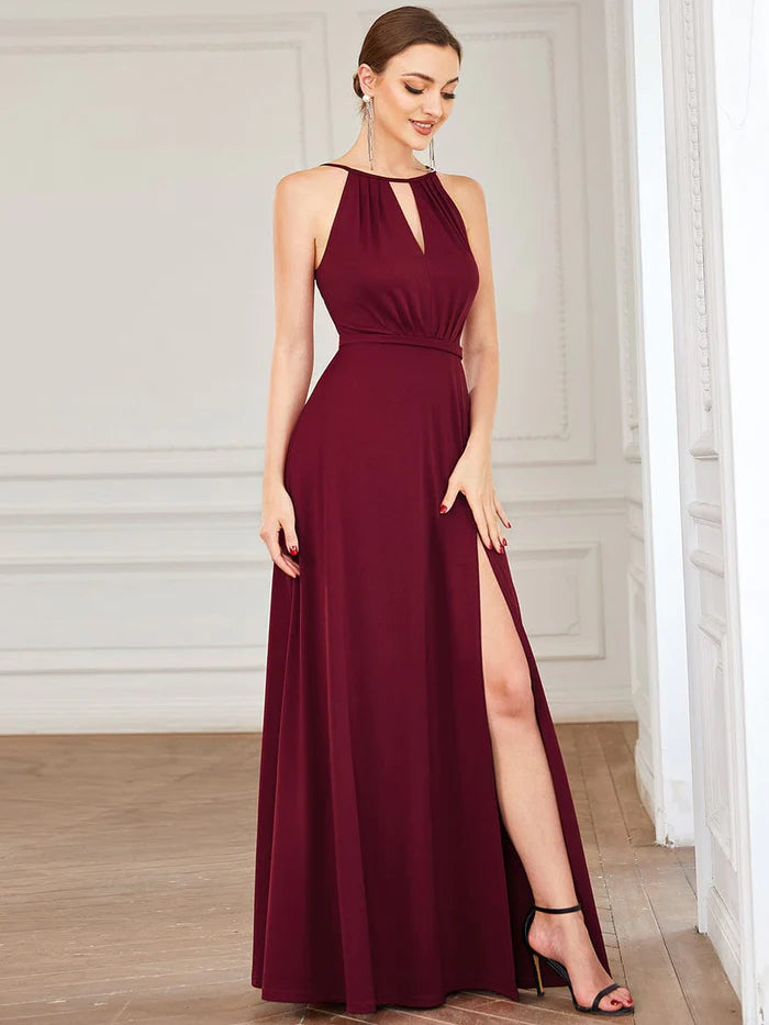 High Slit Keyhole Halter Sleeveless Evening Dress