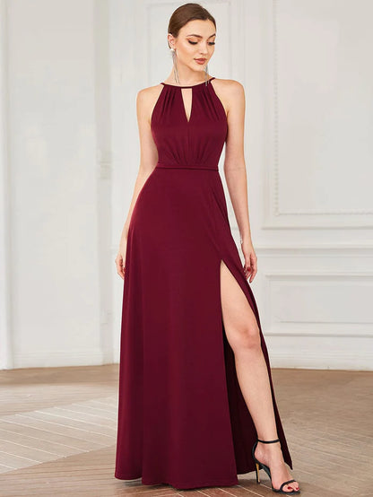 High Slit Keyhole Halter Sleeveless Evening Dress