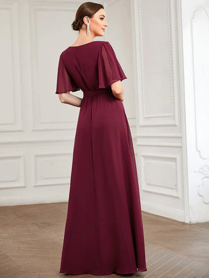 Flutter Sleeve Tie Waist High Slit Chiffon Evening Dress