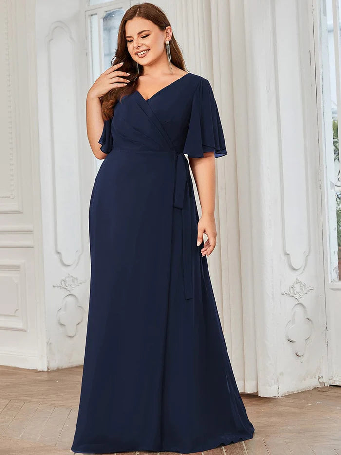 Flutter Sleeve Tie Waist High Slit Chiffon Evening Dress