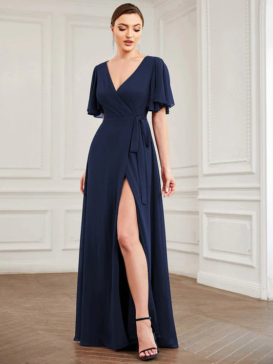 Flutter Sleeve Tie Waist High Slit Chiffon Evening Dress