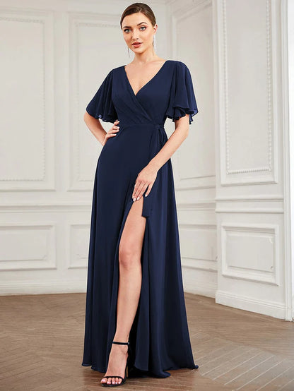 Flutter Sleeve Tie Waist High Slit Chiffon Evening Dress