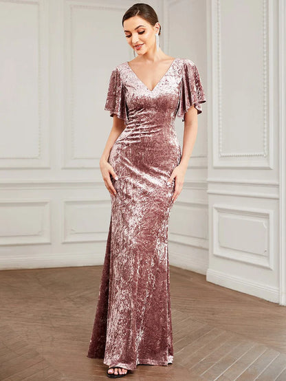 Velvet Short Sleeve Floor-Length Bodycon Fishtail Evening Dress