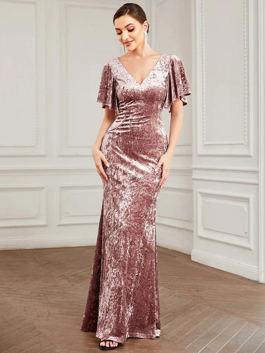 Velvet Short Sleeve Floor-Length Bodycon Fishtail Evening Dress