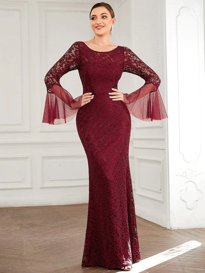 Round Collar Tulle Bell Sleeve Lace Bodycon Evening Dress