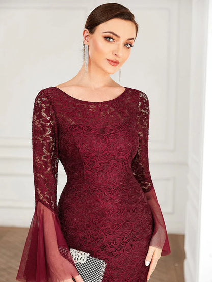 Round Collar Tulle Bell Sleeve Lace Bodycon Evening Dress