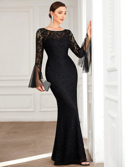 Round Collar Tulle Bell Sleeve Lace Bodycon Evening Dress