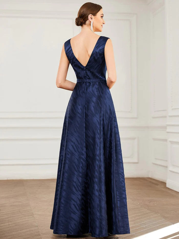 Illusion V-Neck Sleeveless Satin Empire Waist A-Line Evening Dress