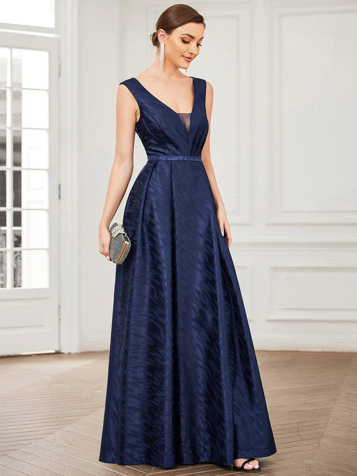 Illusion V-Neck Sleeveless Satin Empire Waist A-Line Evening Dress