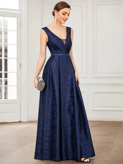 Illusion V-Neck Sleeveless Satin Empire Waist A-Line Evening Dress