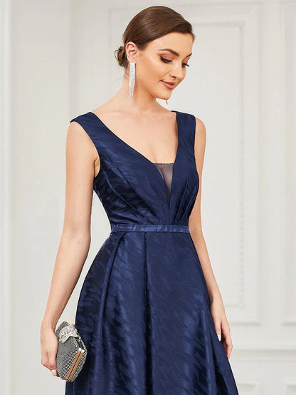 Illusion V-Neck Sleeveless Satin Empire Waist A-Line Evening Dress