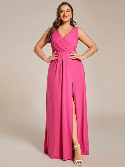 Glittery Sleeveless Double V-Neck Side Slit A-Line Formal Evening Dress