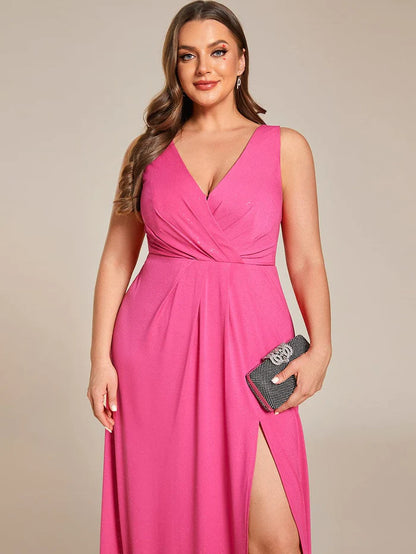 Glittery Sleeveless Double V-Neck Side Slit A-Line Formal Evening Dress