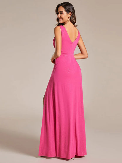 Glittery Sleeveless Double V-Neck Side Slit A-Line Formal Evening Dress