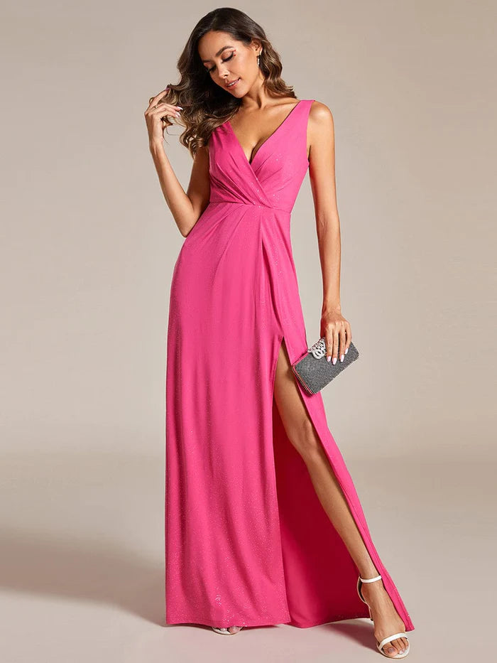 Glittery Sleeveless Double V-Neck Side Slit A-Line Formal Evening Dress