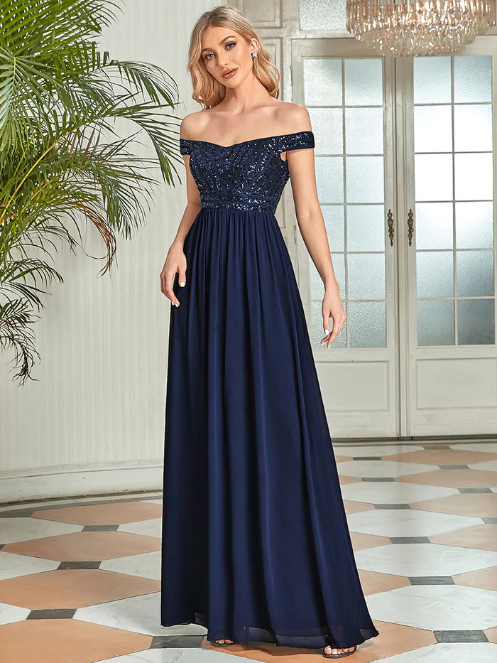 Striped Sequin Sweetheart Floor-Length Evening Dress