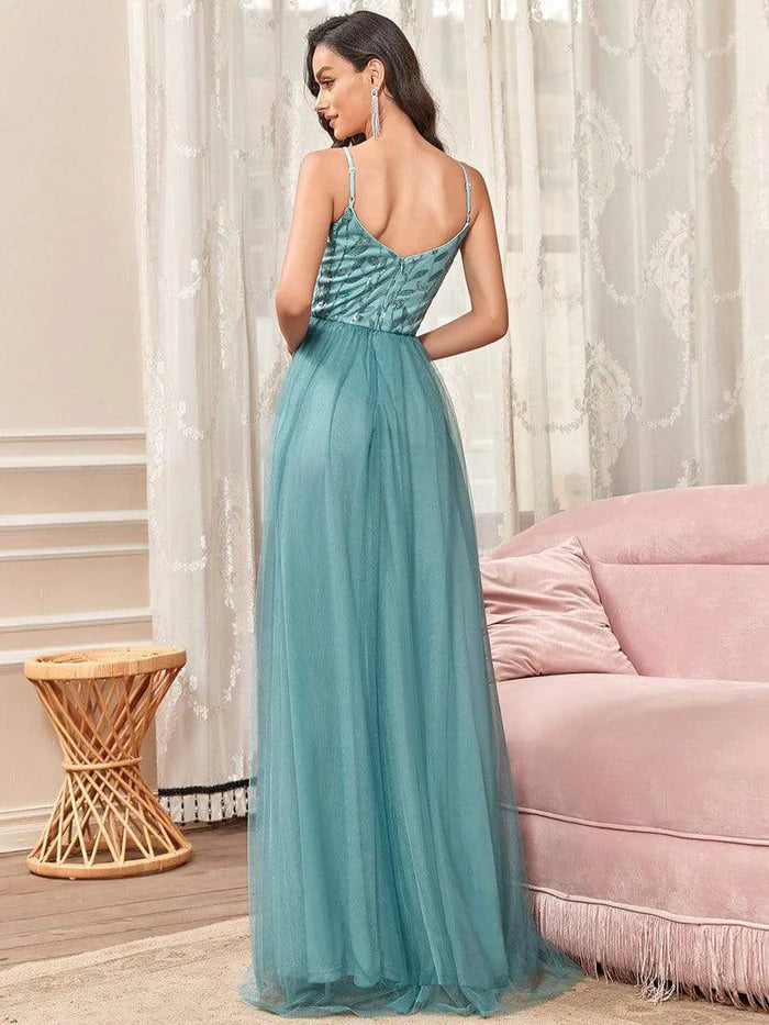 V Neck Spaghetti Strap Embroidered Maxi Tulle Wedding Guest Dress