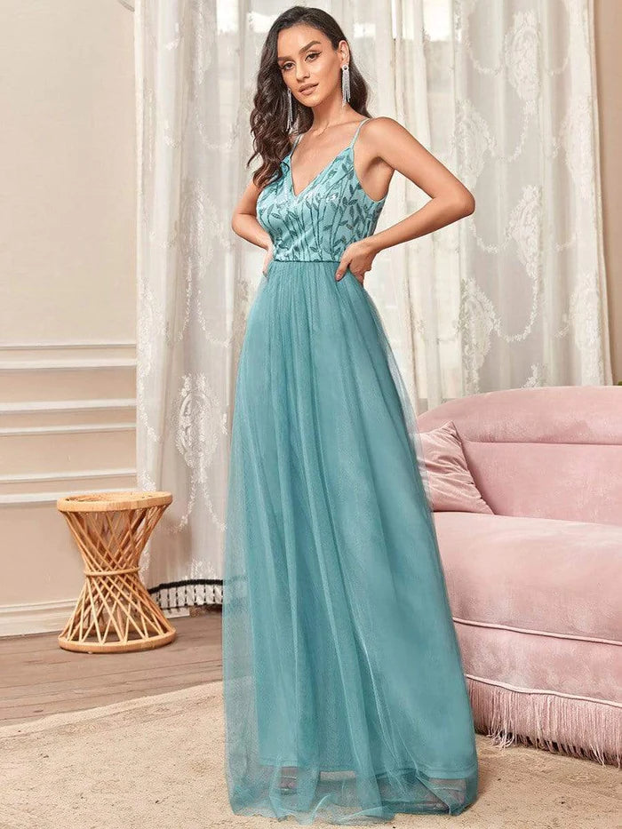 V Neck Spaghetti Strap Embroidered Maxi Tulle Wedding Guest Dress