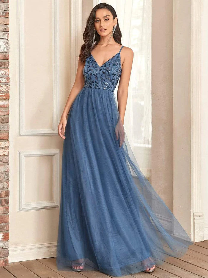 V Neck Spaghetti Strap Embroidered Maxi Tulle Wedding Guest Dress