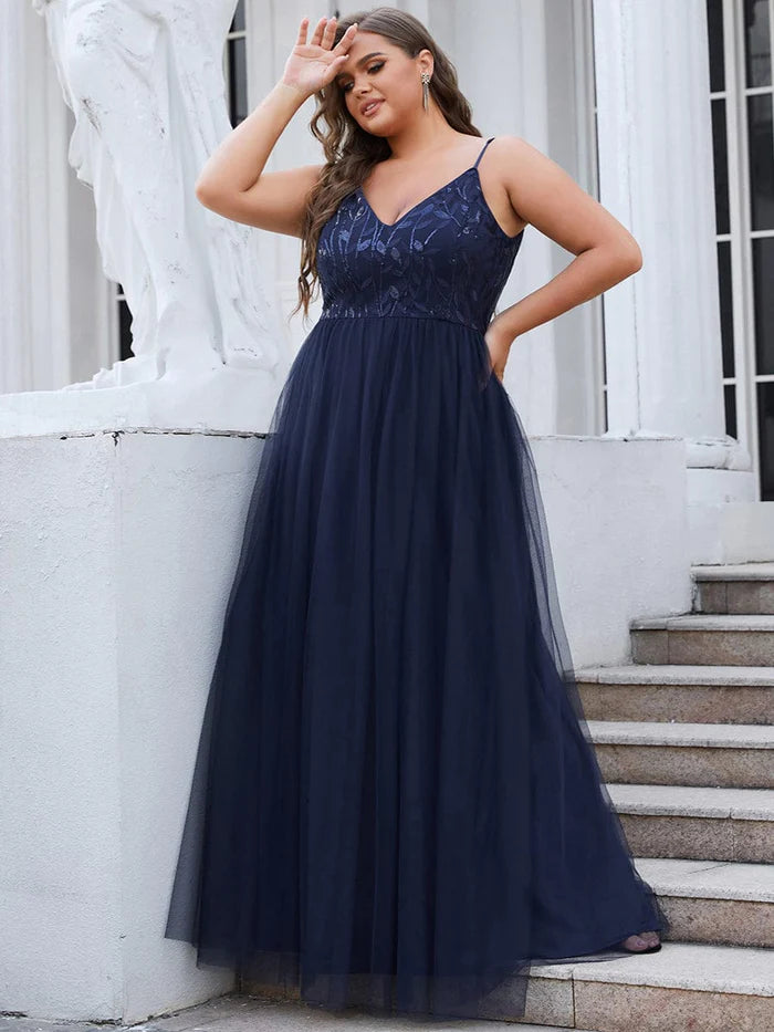 V Neck Spaghetti Strap Embroidered Maxi Tulle Wedding Guest Dress