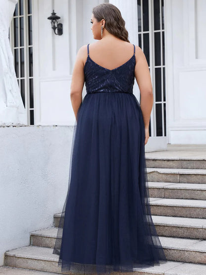 V Neck Spaghetti Strap Embroidered Maxi Tulle Wedding Guest Dress