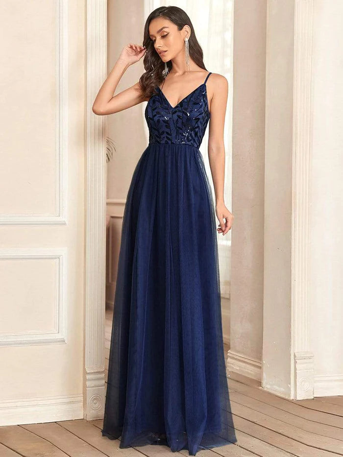 V Neck Spaghetti Strap Embroidered Maxi Tulle Wedding Guest Dress