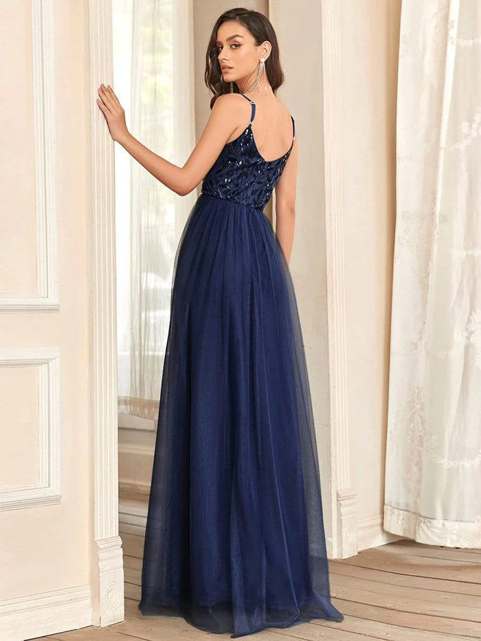 V Neck Spaghetti Strap Embroidered Maxi Tulle Wedding Guest Dress