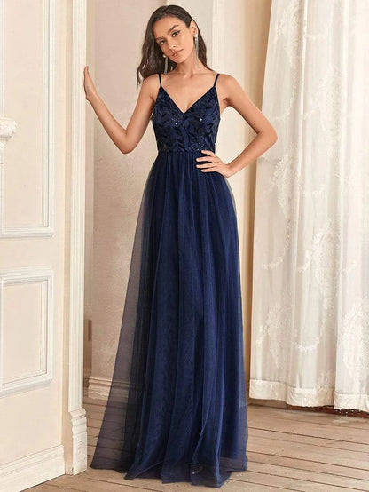 V Neck Spaghetti Strap Embroidered Maxi Tulle Wedding Guest Dress