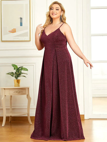 Plus Size Vintage V-neck Spaghetti Straps Glitter Maxi Evening Dress