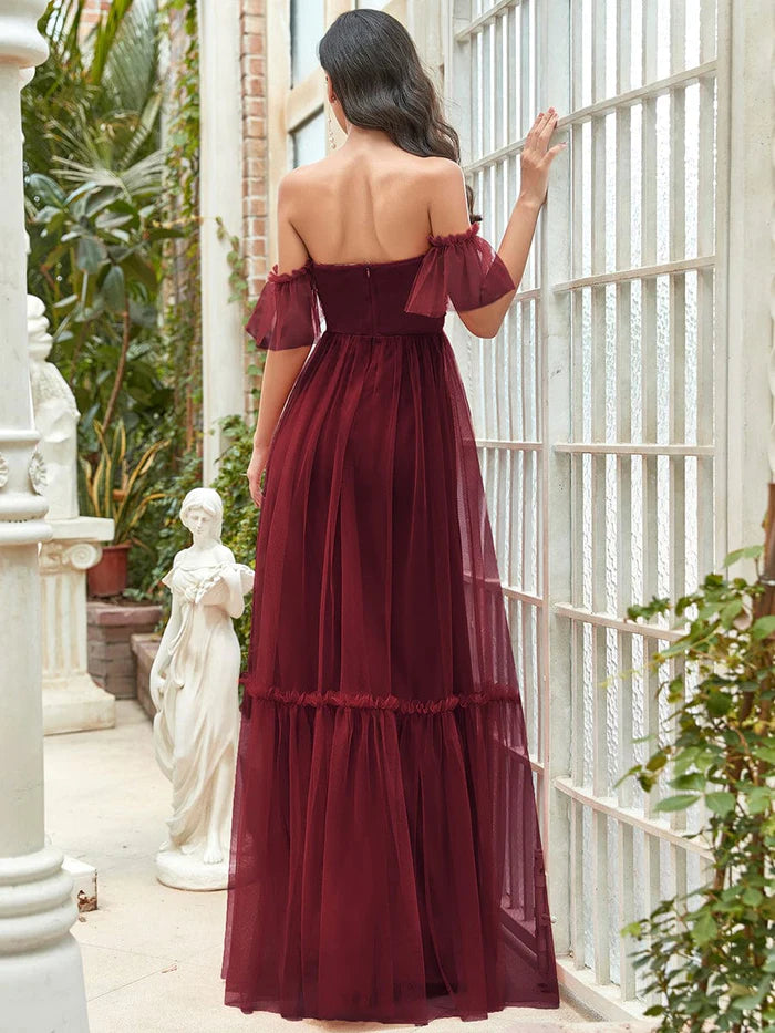 Off-Shoulder Sweetheart Double Layer Pleated Evening Dress