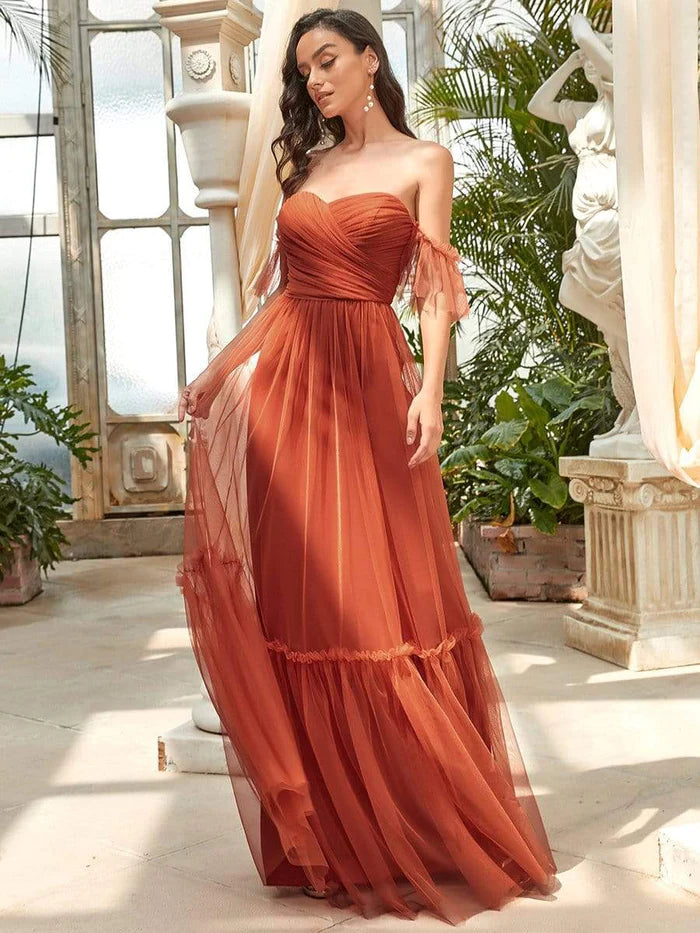 Off-Shoulder Sweetheart Double Layer Pleated Evening Dress