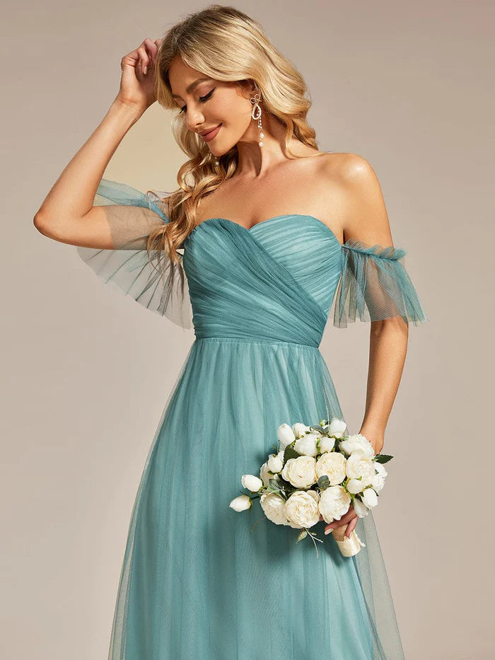 Off-Shoulder Sweetheart Double Layer Pleated Evening Dress