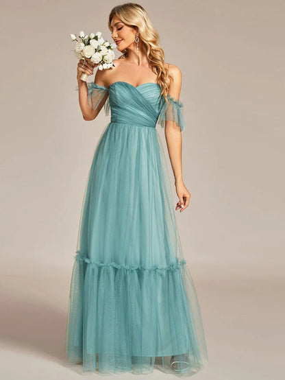 Off-Shoulder Sweetheart Double Layer Pleated Evening Dress