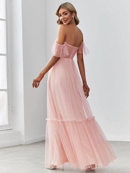 Off-Shoulder Sweetheart Double Layer Pleated Evening Dress