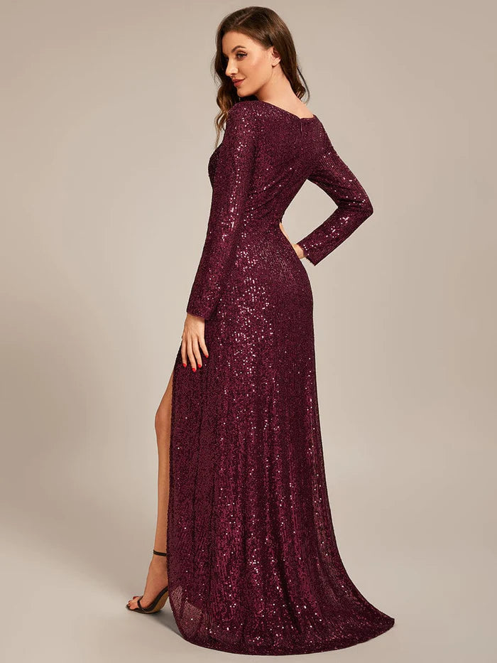 Sequin Long Sleeve V-neck Asymmetrical Hem Evening Dress