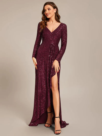 Sequin Long Sleeve V-neck Asymmetrical Hem Evening Dress