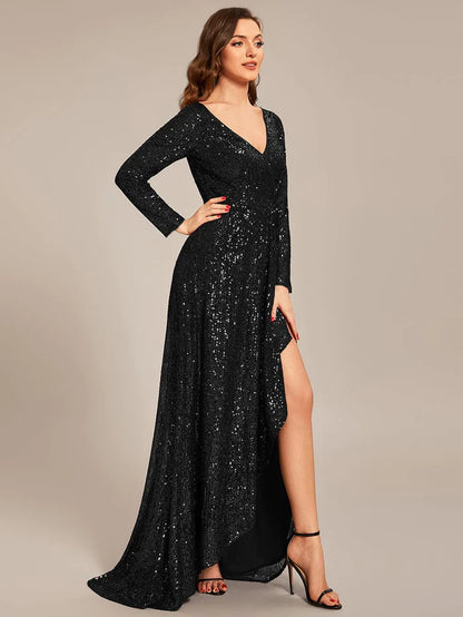 Sequin Long Sleeve V-neck Asymmetrical Hem Evening Dress