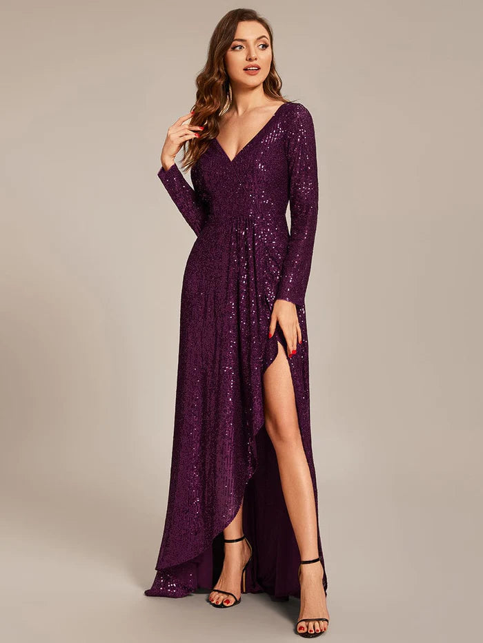 Sequin Long Sleeve V-neck Asymmetrical Hem Evening Dress